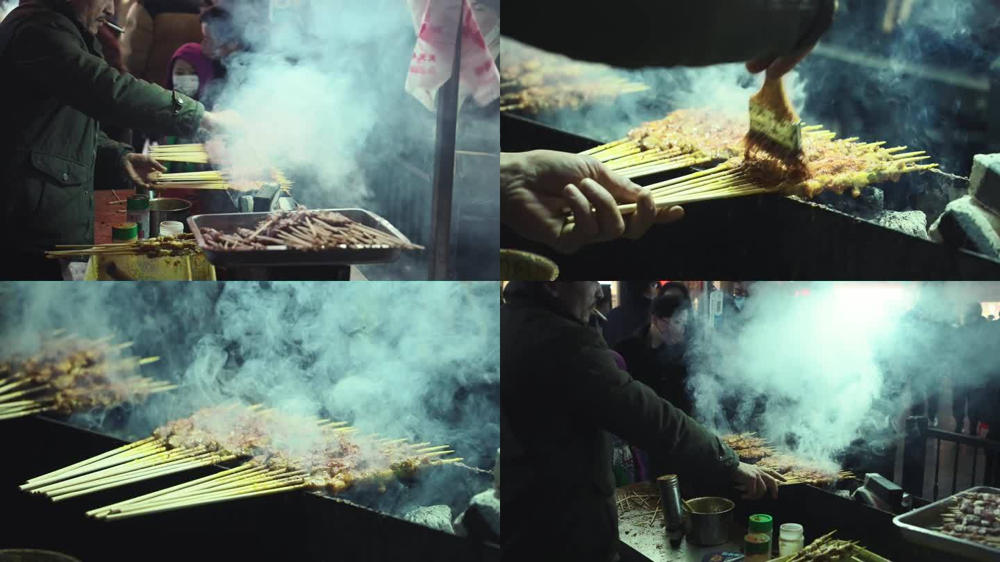 抽烟的新疆人烧烤羊肉串
