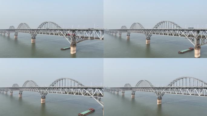 航拍客运列车通过九江长江大桥