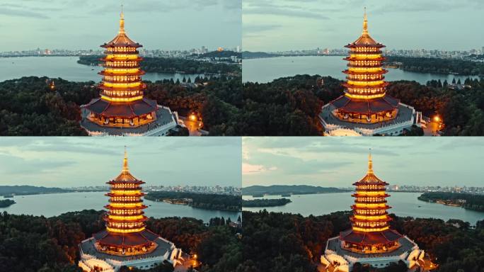 航拍西湖雷峰塔夜景