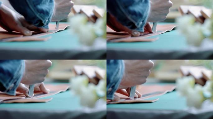 【4K】男子切割皮革手工制作