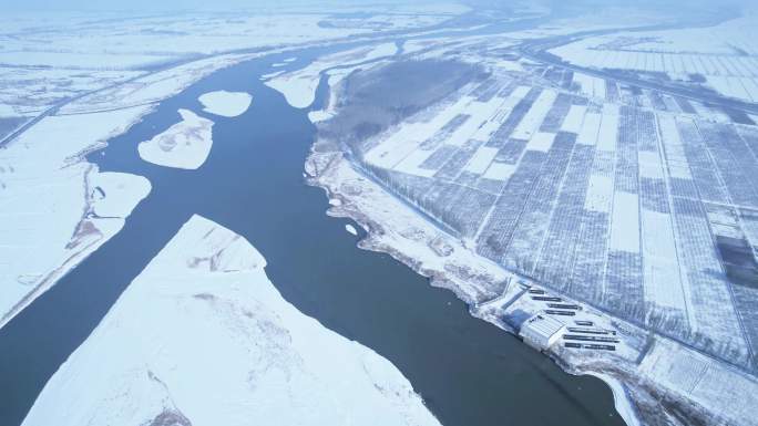 10段素材：航拍黄河宁夏平原雪景