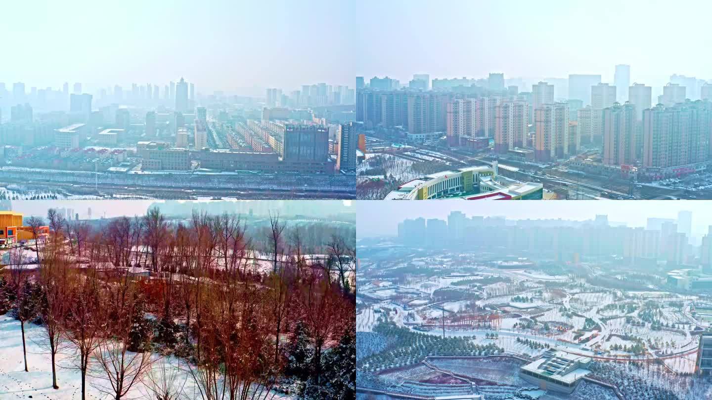 陕西省榆林市榆阳区河滨公园南段下雪航拍