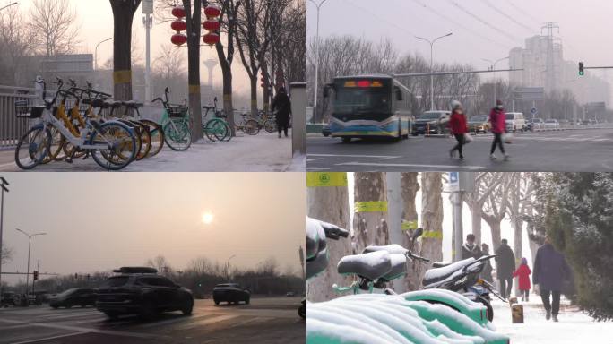 雪景街道城市雪后冬天上班等公交车骑行快递