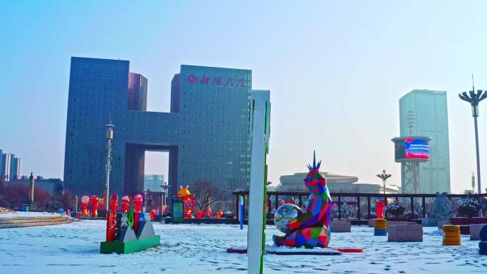 陕西省榆林市榆阳区阳光广场下雪航拍