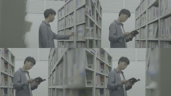 【4K灰度】男生图书馆看书阅读学习