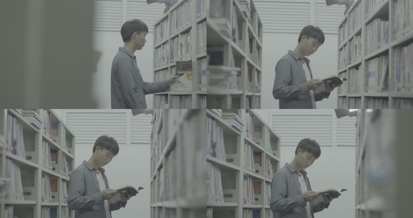 【4K灰度】男生看书书架找书图书馆查资料