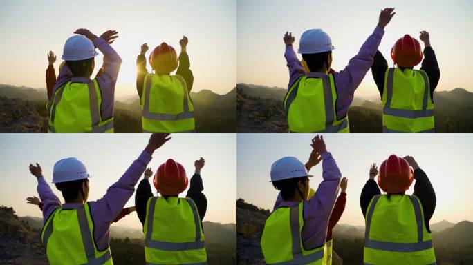 基建工人山顶举手欢呼地质勘探队友举手呐喊