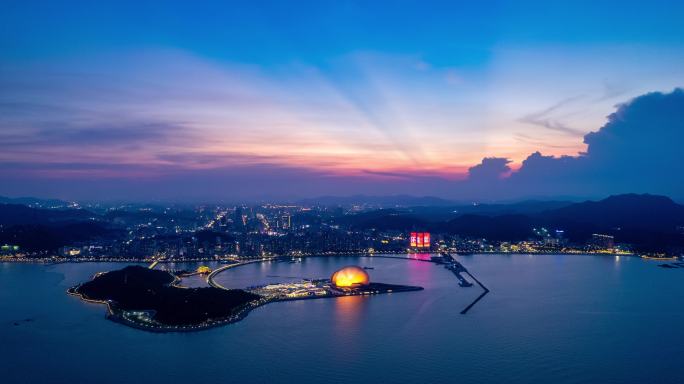 珠海日月贝海上歌剧院晚霞夜景航拍延时