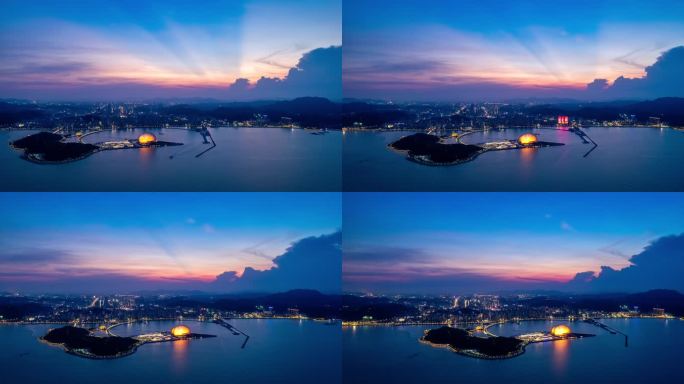 珠海日月贝海上歌剧院晚霞夜景航拍延时