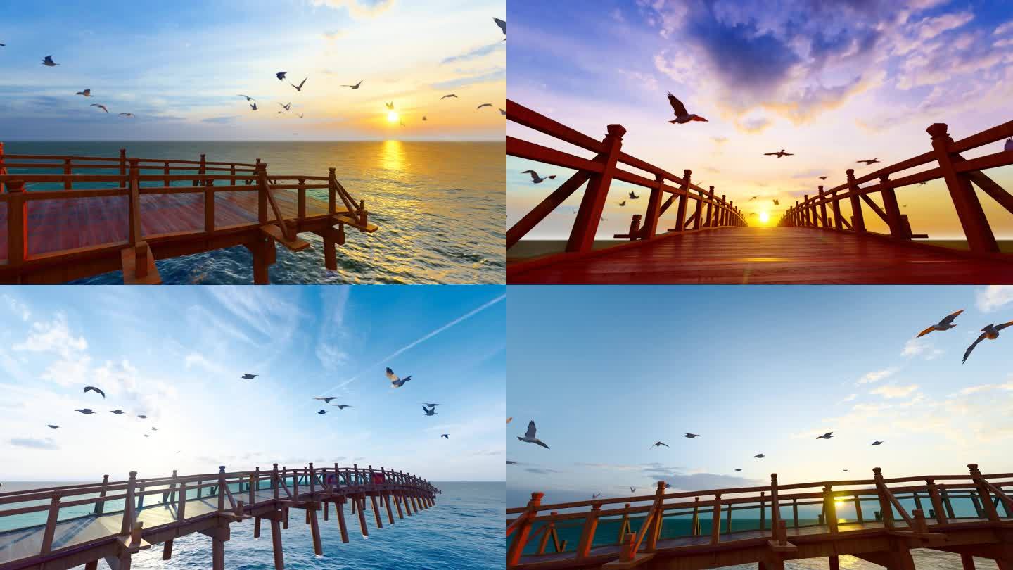 夕阳西下海面长廊码头海鸥群自由飞舞