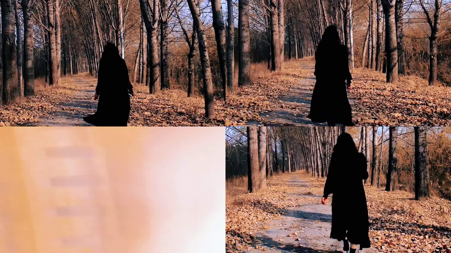 美女行走在落叶的林间小道