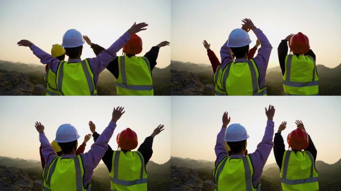 基建工人山顶举手欢呼地质勘探队友举手呐喊