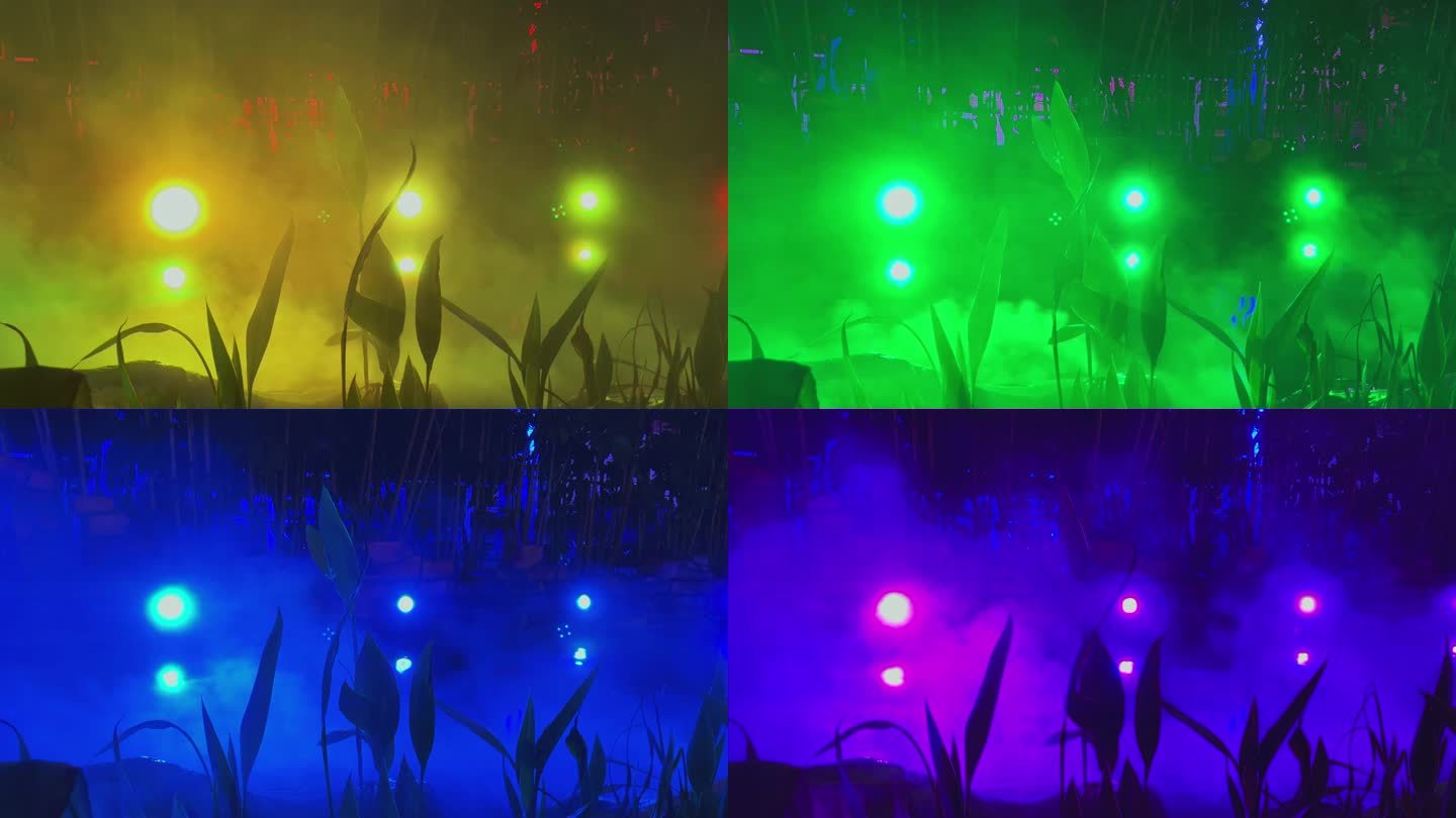 4K高清实拍七彩变色灯照着雾气朦胧的小草