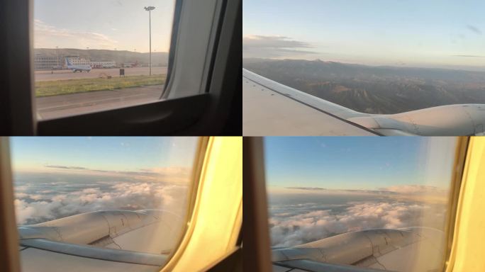 飞机舷窗拍摄的机场，山脉和云层