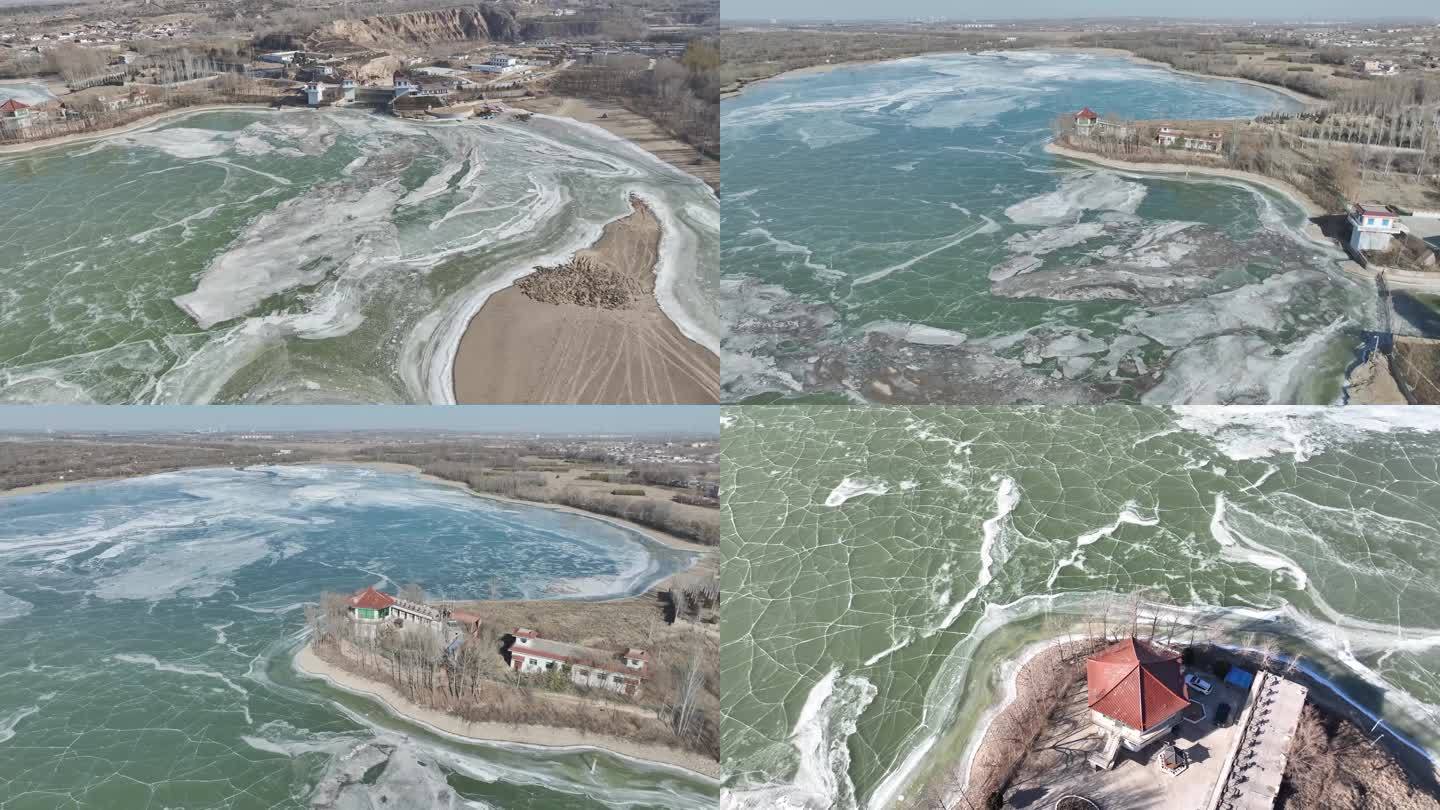 冬季陕北红石峡水库结冰冰面风光航拍2