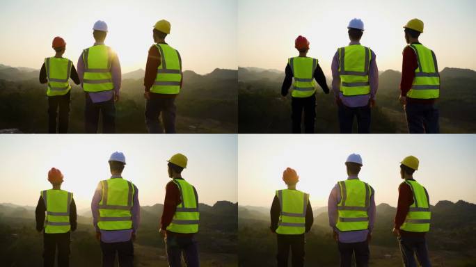 地质队员高速勘探国家基建工人背影山顶眺望