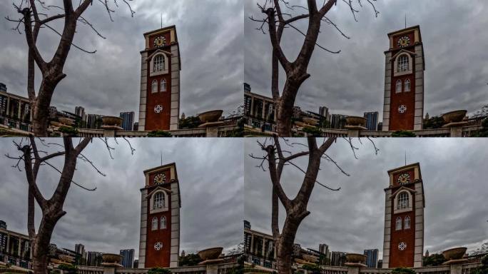 乌云滚滚下的钟塔与枯树延时素材（4K）
