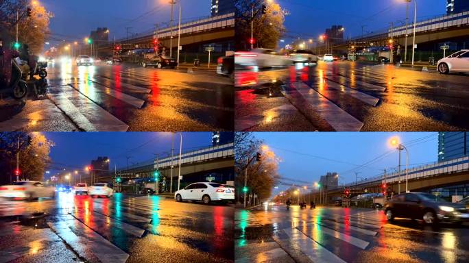 下雨天繁忙红绿灯路口延时摄影