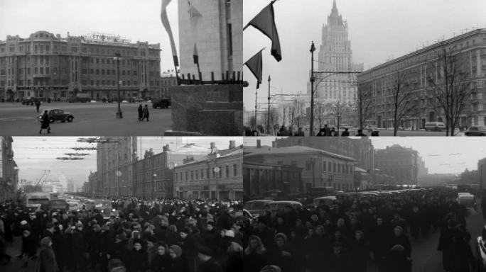 30年代莫斯科红场街头人群有轨电车风景