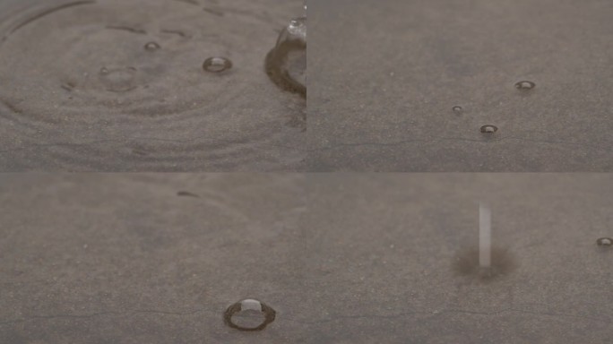 下雨天小雨落到雨水水面上形成水花水泡升格