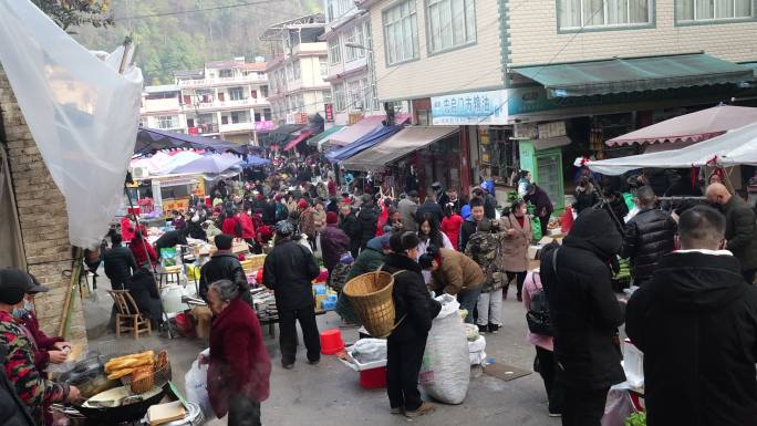 湖北农村过新年集镇赶集赶场买年货热闹场景