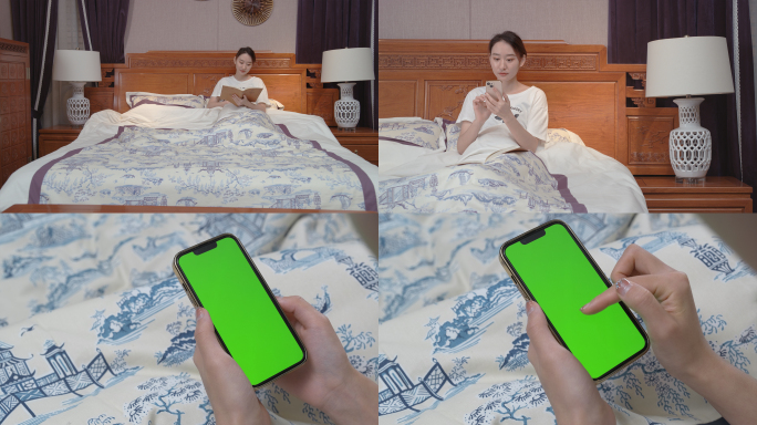 女人床上玩手机绿屏抠像睡觉