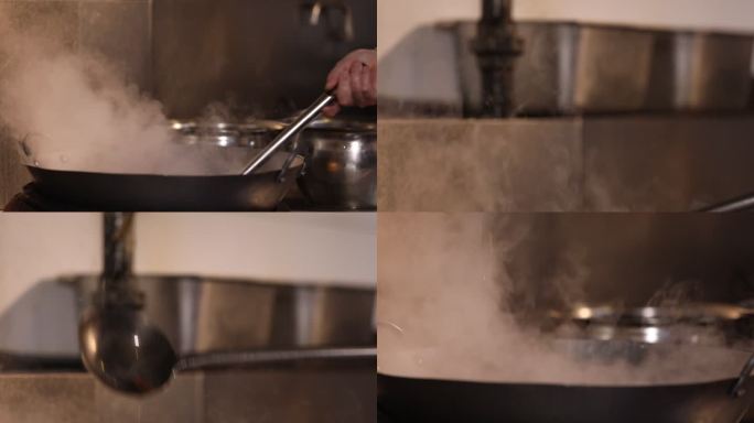 厨师用铁勺舀起锅中的水