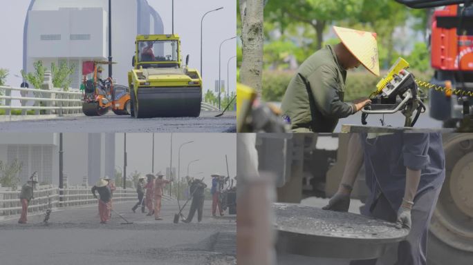 柏油马路铺路沥青压路机工人市政道路