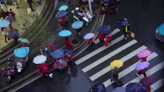 雨天小学生放学打雨伞过马路志愿者维持秩序