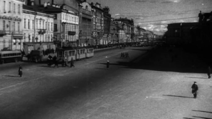 30年代苏联俄罗斯列宁格勒街道马路行人
