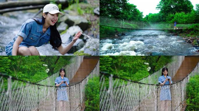 4K女游客在溪边戏水 过桥拍照欣赏风景