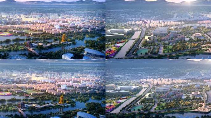 直升机俯瞰拍摄北京延庆中心城区妫水河公园