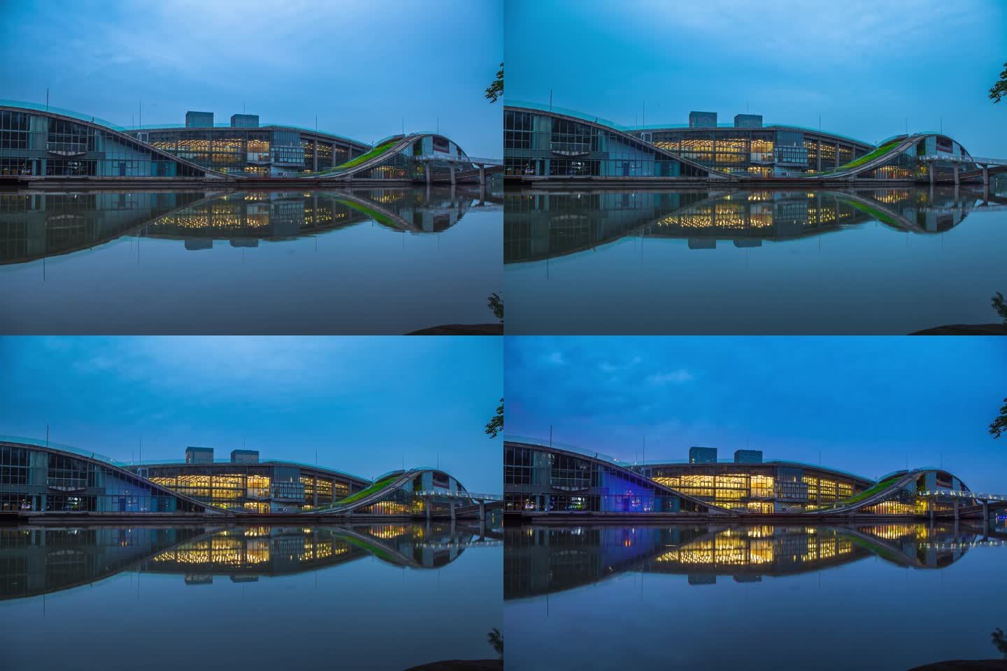 上海青浦图书馆夏阳湖延时摄影日转夜