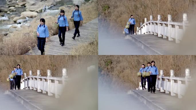 4K电影机升格采蘑菇的小姑娘们走过小溪边