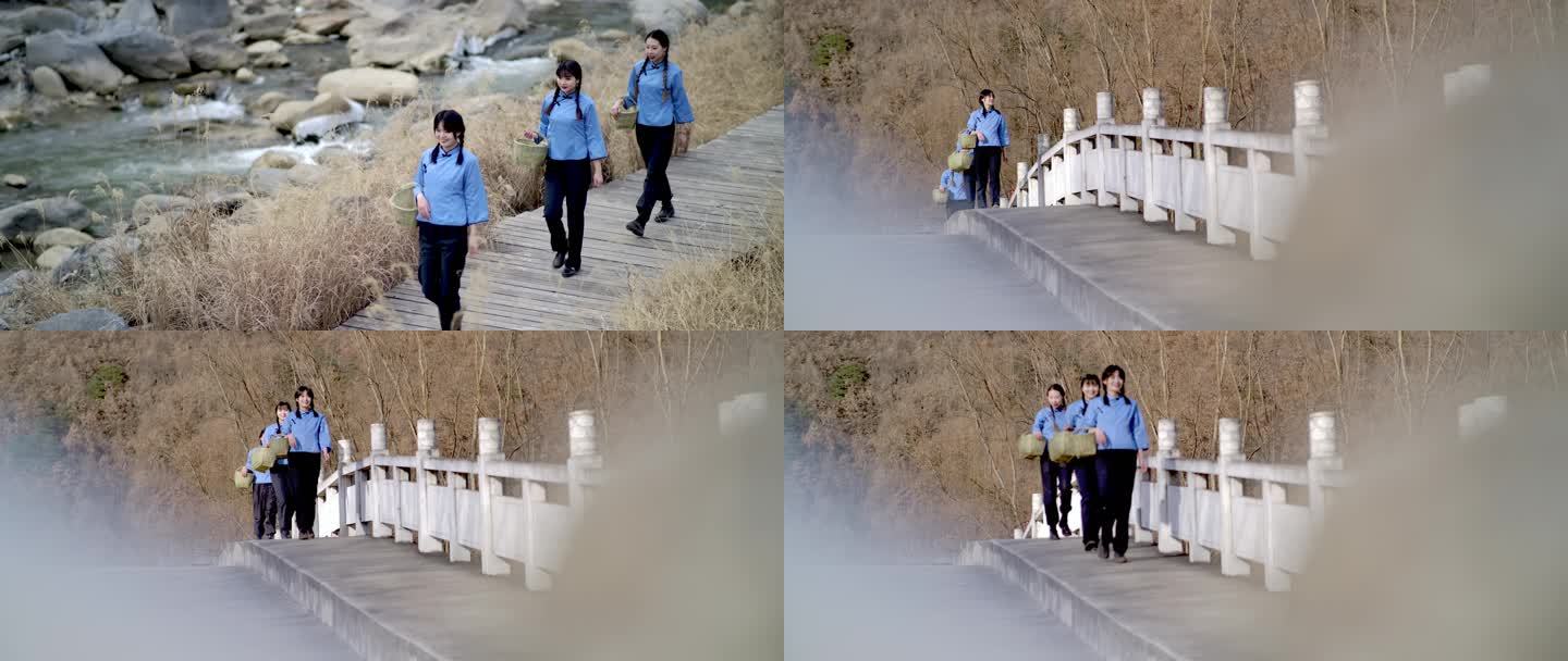 4K电影机升格采蘑菇的小姑娘们走过小溪边