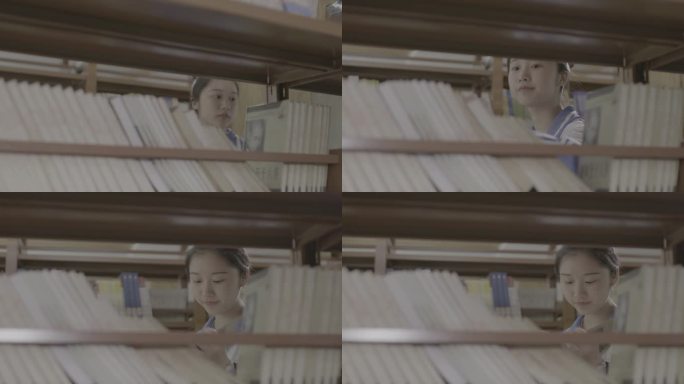【4K灰度】高中女生找书图书馆学习