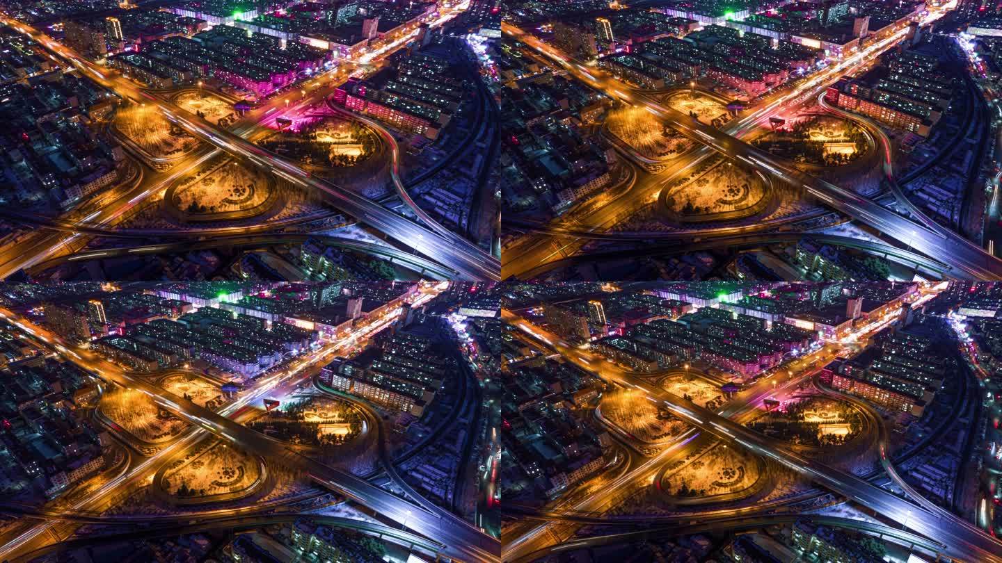 航拍城市夜景立交桥车流延时摄影