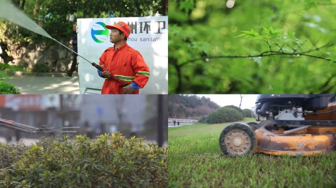 园林工人绿化环境修剪洒水除草城镇环境整治