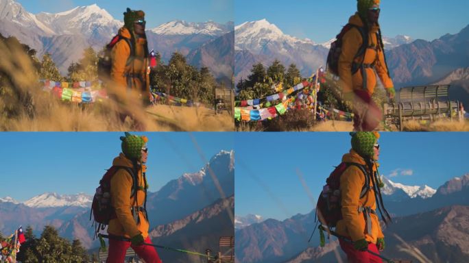 美女在尼泊尔雪山徒步