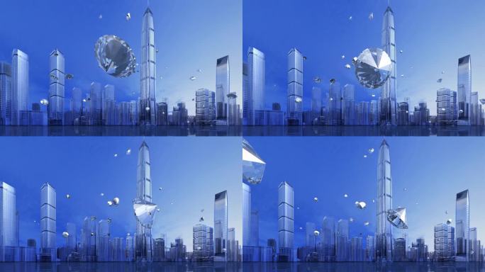 钻石飞越上海城市天际线三维动画