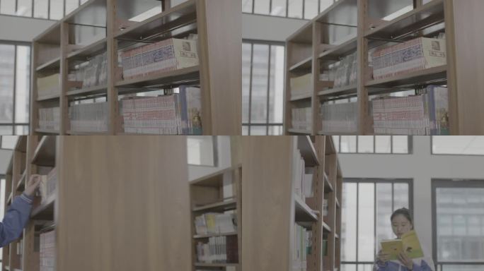 【4K灰度】高中女生图书馆找书看书