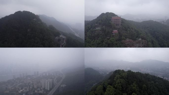 重庆南山公园大气实景寺庙航拍千厮门大桥