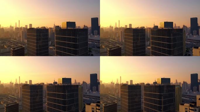 日出时分上海市区高楼林立航拍画面