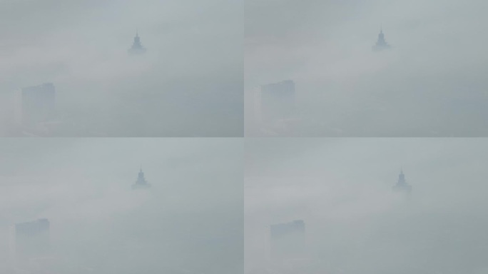 航拍迷雾之中的荣成高铁站塔楼钟楼