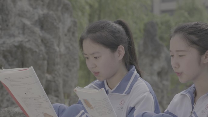 【4K灰度】高中女生晨读中小女生读书