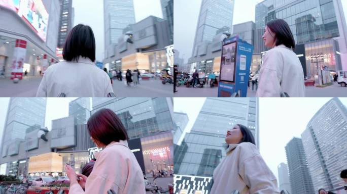 【4K】女子逛街手机自拍美女拍照