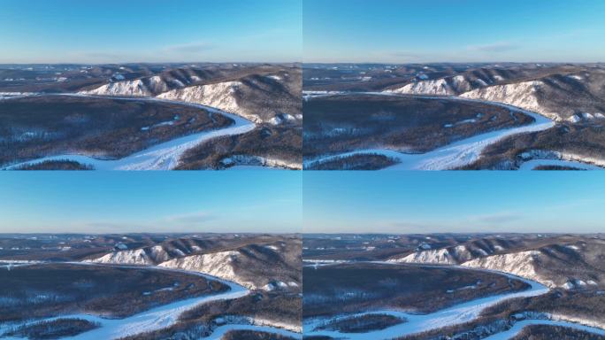 航拍大兴安岭激流河山林雪景