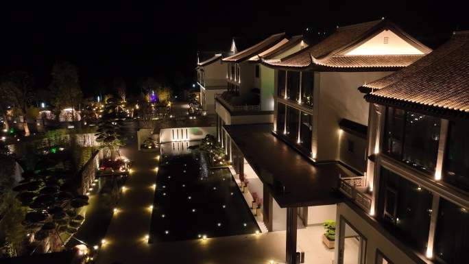 现代中式建筑酒店民宿艺术馆夜景灯光航拍