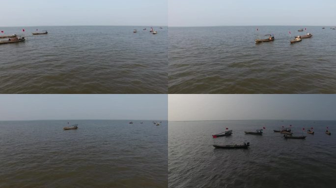 航拍鄱阳湖上的渔船