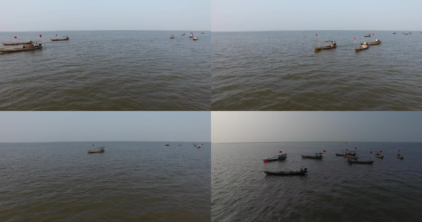 航拍鄱阳湖上的渔船